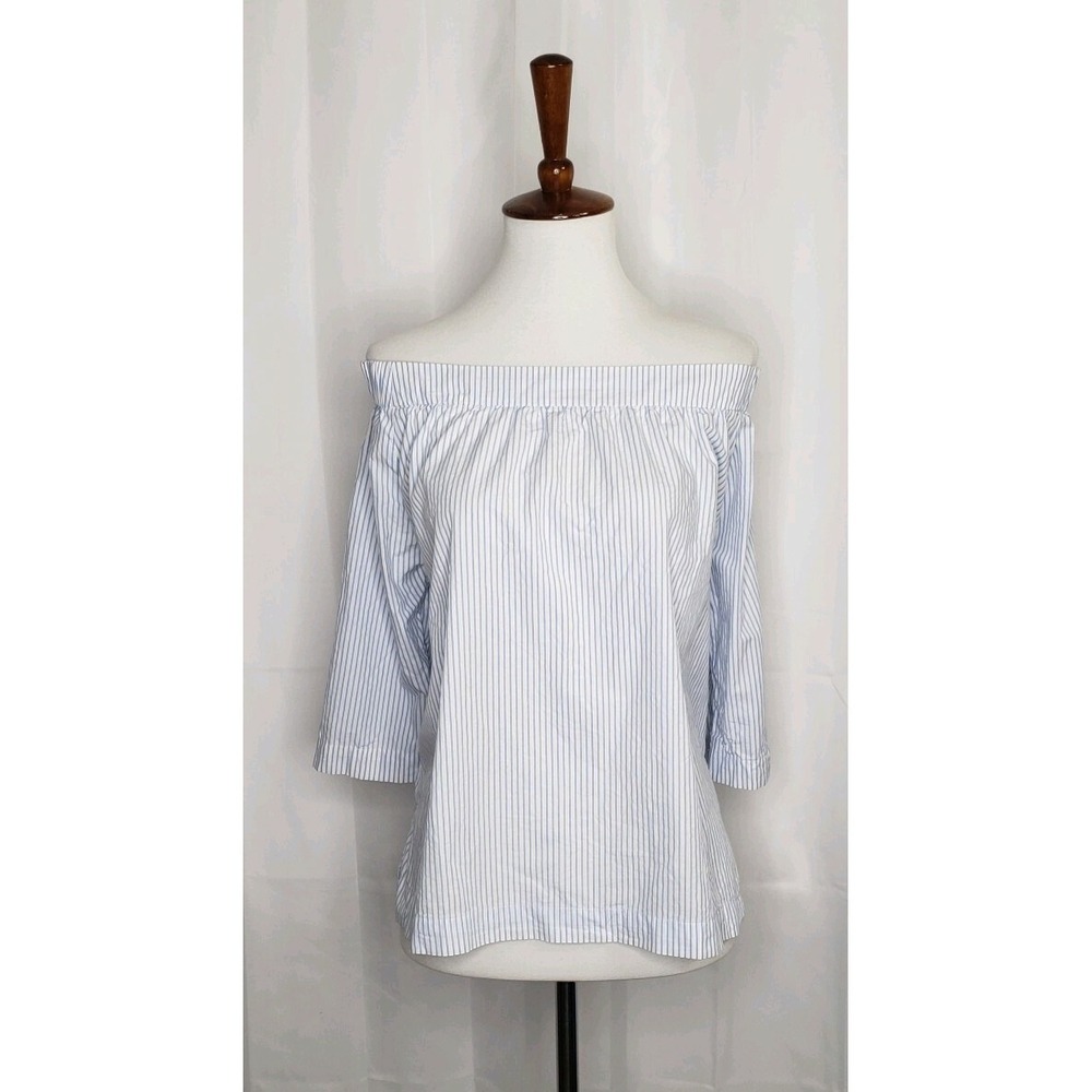 Madewell Off The Shoulder 3/4 Sleeve Top Women's Size Large White & Blue Stripe